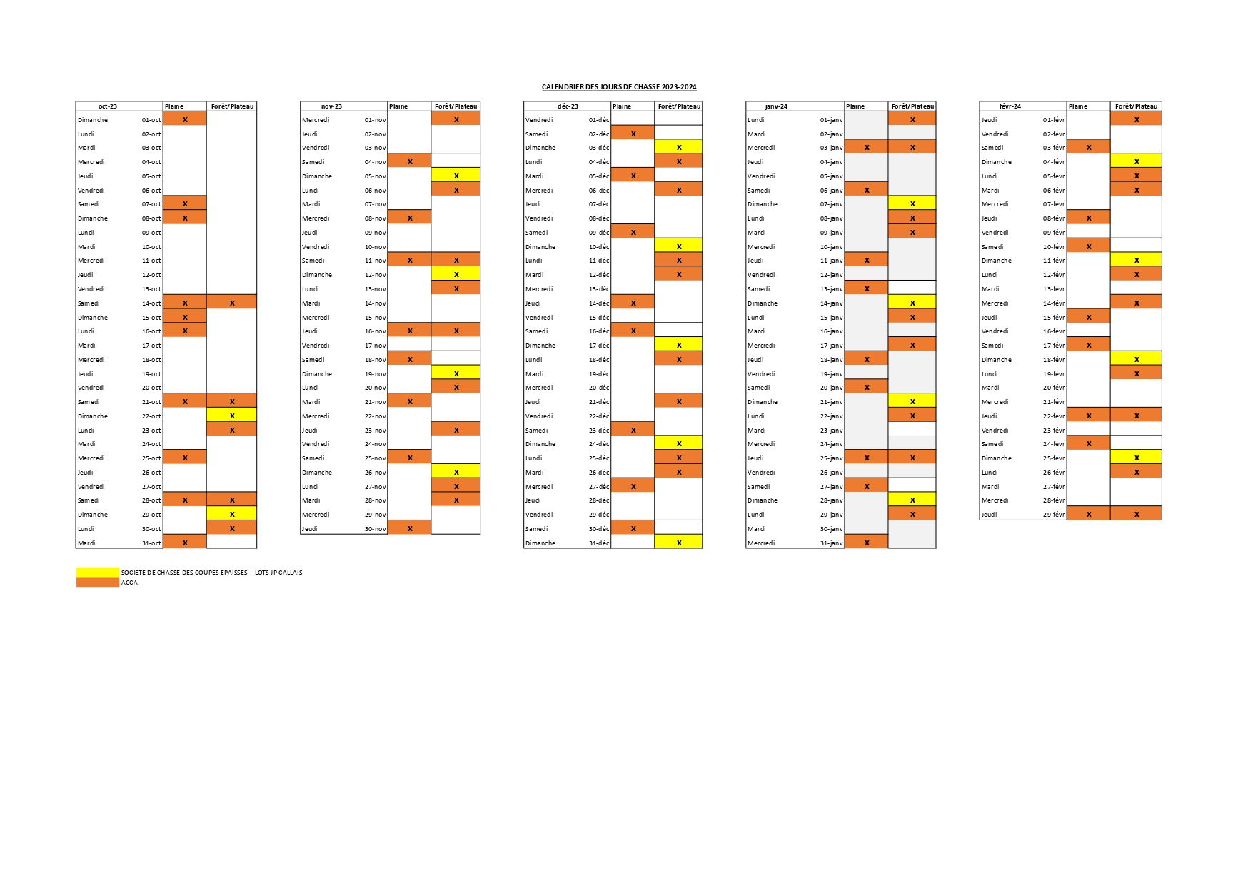 CALENDRIER DES JOURS DE CHASSE